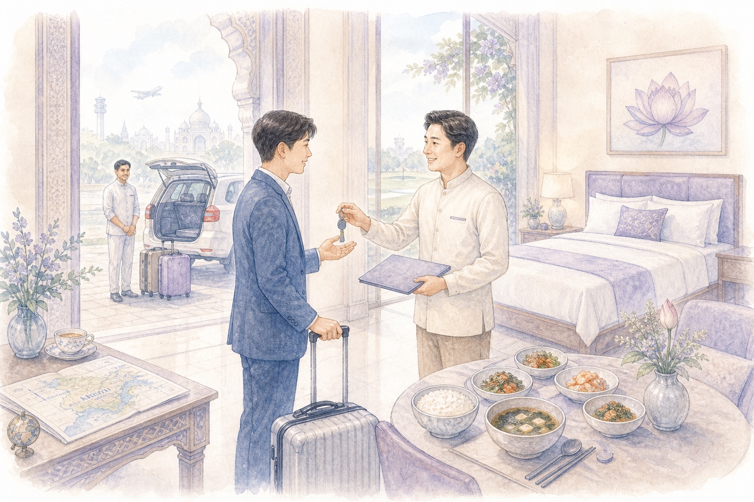 게스트하우스와 한식, 차량, 정착 지원을 연결하는 신사임당 서비스 일러스트레이션